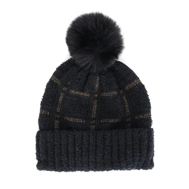 Plaid Pattern Pom Pom Beanie