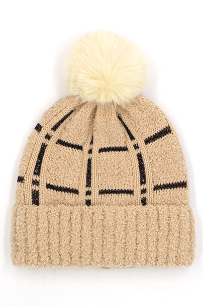Plaid Pattern Pom Pom Beanie