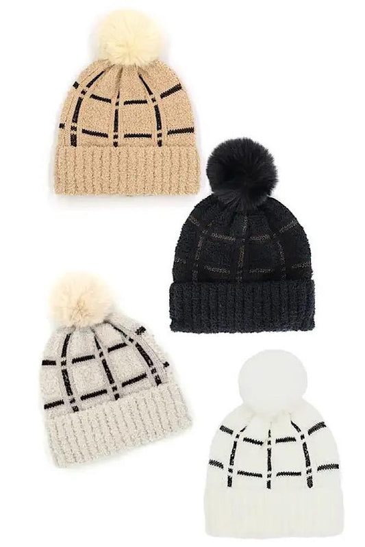 Plaid Pattern Pom Pom Beanie